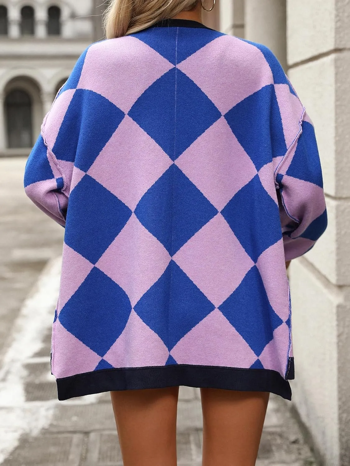 Sumleno Women Argyle Preppy Cardigan Sweaters Long Sleeve Button Open Front Oversized Knit Tops Fall Winter Y2k Outfits