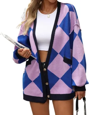 Sumleno Women Argyle Preppy Cardigan Sweaters Long Sleeve Button Open Front Oversized Knit Tops Fall Winter Y2k Outfits