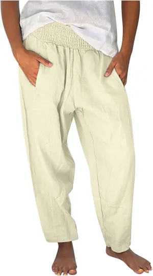Summer Beach Pants for Women Casual Palazzo Linen Pants Smocked Elastic Waist Loose Trousers with Pockets