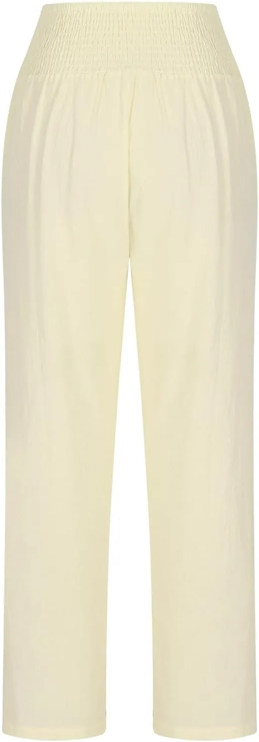 Summer Beach Pants for Women Casual Palazzo Linen Pants Smocked Elastic Waist Loose Trousers with Pockets