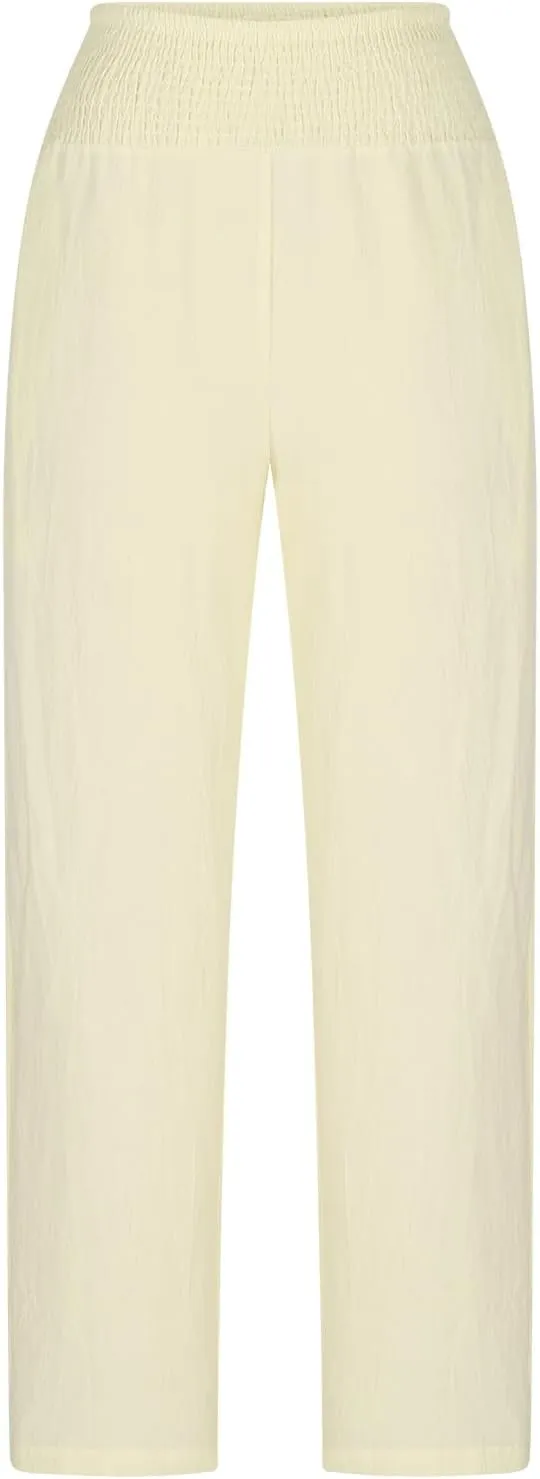 Summer Beach Pants for Women Casual Palazzo Linen Pants Smocked Elastic Waist Loose Trousers with Pockets