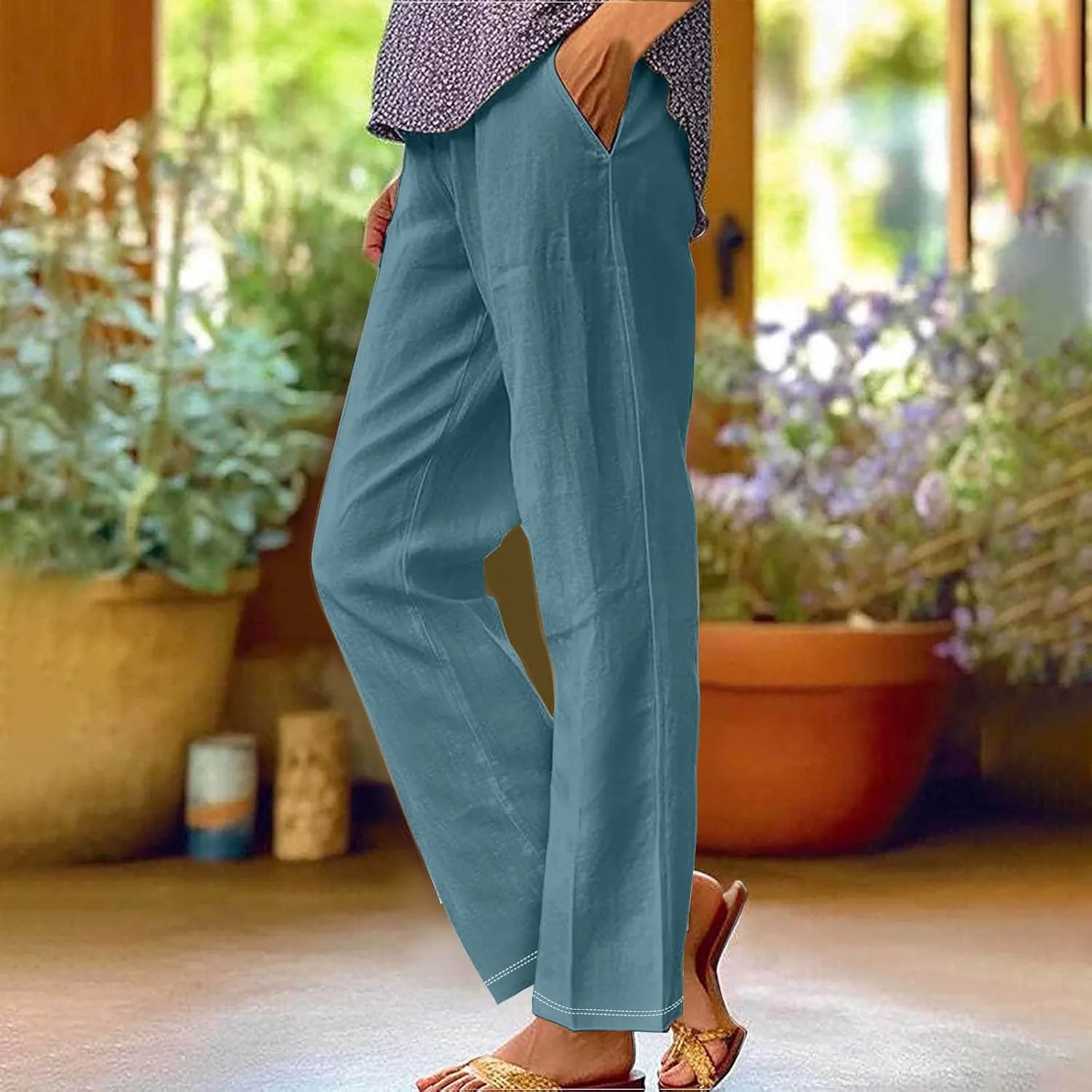 Summer Casual Wide Leg Linen Pants for Women Comfy Cotton Linen Pant Baggy Palazzo Trousers Pocket Boho Beach Outfits