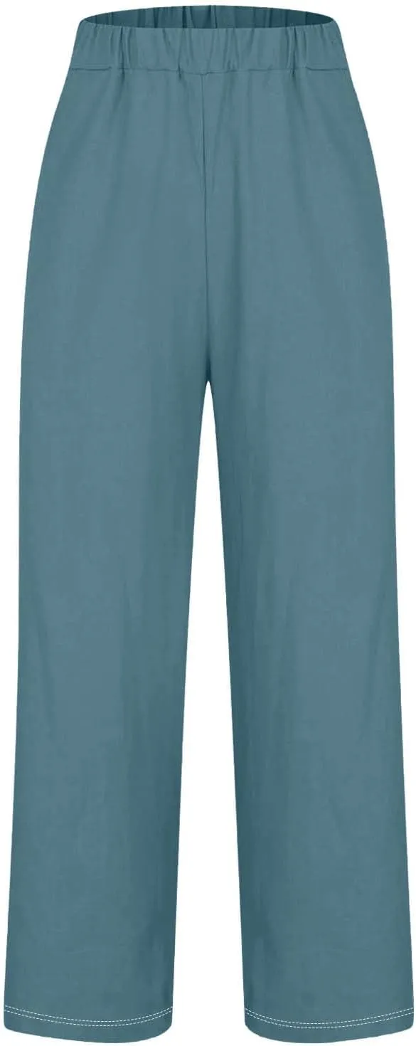 Summer Casual Wide Leg Linen Pants for Women Comfy Cotton Linen Pant Baggy Palazzo Trousers Pocket Boho Beach Outfits