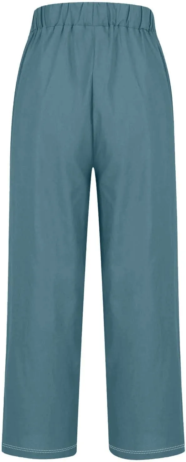 Summer Casual Wide Leg Linen Pants for Women Comfy Cotton Linen Pant Baggy Palazzo Trousers Pocket Boho Beach Outfits
