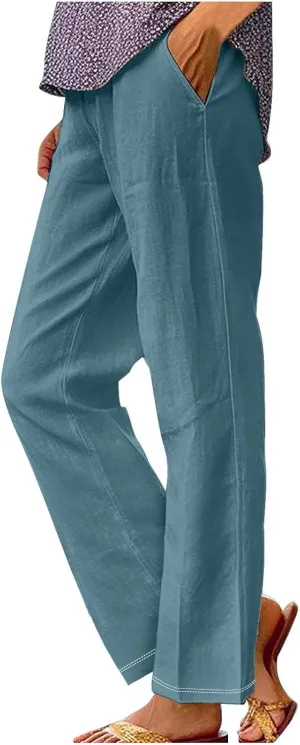 Summer Casual Wide Leg Linen Pants for Women Comfy Cotton Linen Pant Baggy Palazzo Trousers Pocket Boho Beach Outfits
