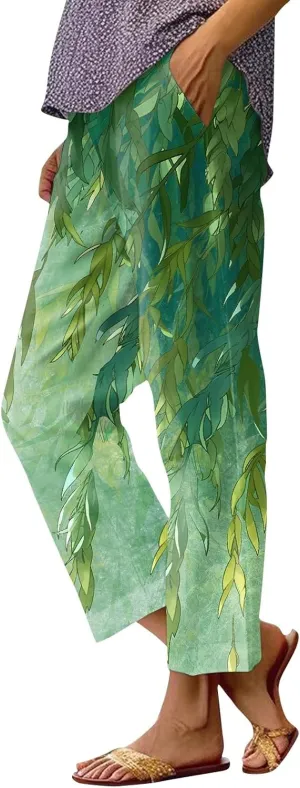 Summer Drawstring Linen Capris Cropped Pants for Women 2024 Casual Petite Ladies Drawstring Beach Baggy Trousers