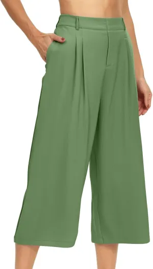 Summer Dressy Cropped Pants for Women High Waist Wide Leg Capris Loose Casual Work Pant Crop Trousers with Pocket