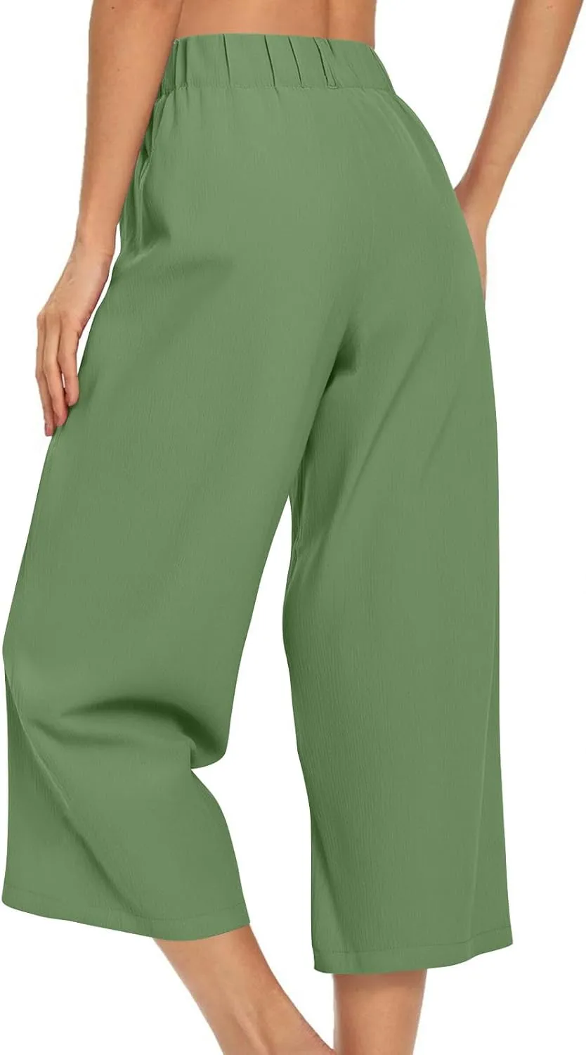 Summer Dressy Cropped Pants for Women High Waist Wide Leg Capris Loose Casual Work Pant Crop Trousers with Pocket