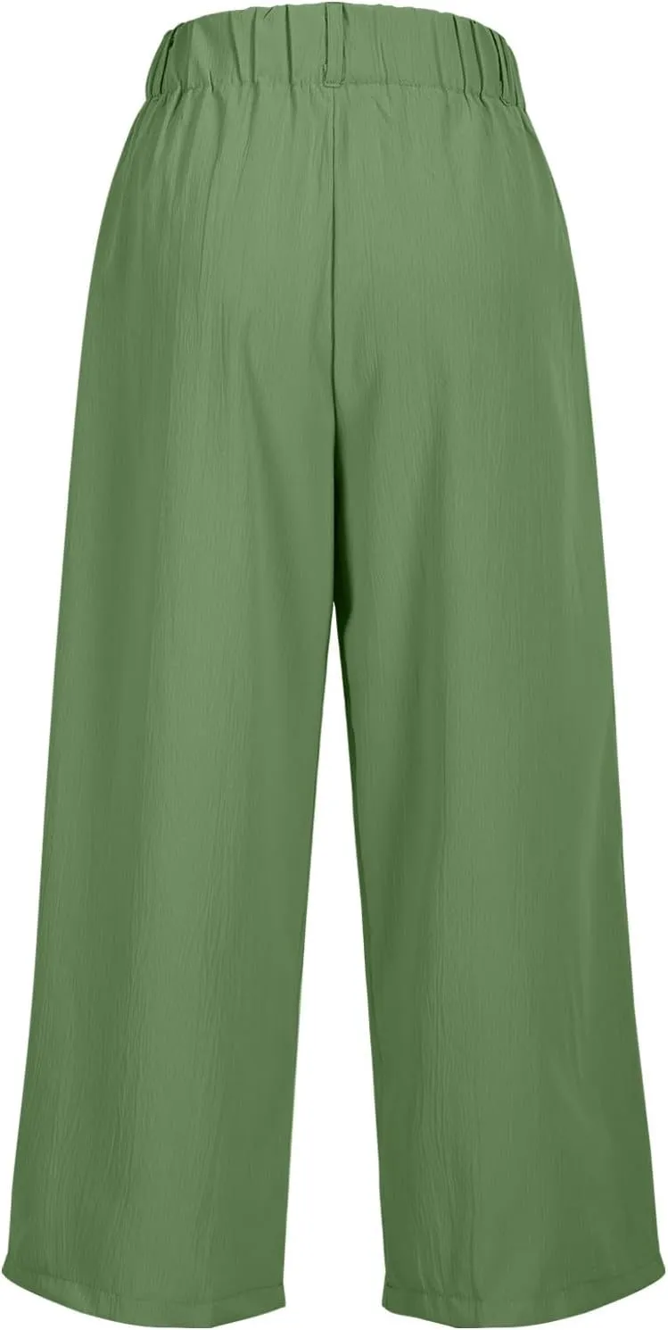 Summer Dressy Cropped Pants for Women High Waist Wide Leg Capris Loose Casual Work Pant Crop Trousers with Pocket
