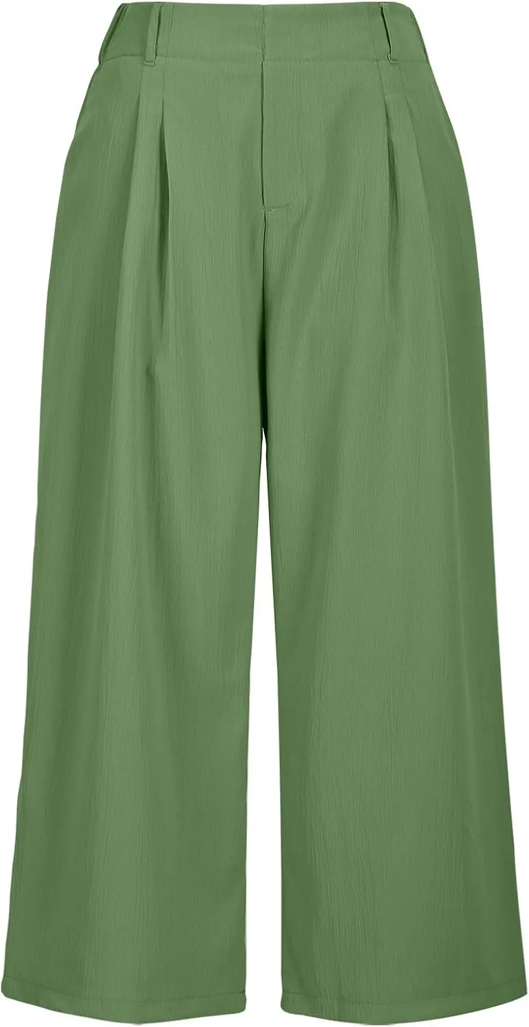 Summer Dressy Cropped Pants for Women High Waist Wide Leg Capris Loose Casual Work Pant Crop Trousers with Pocket