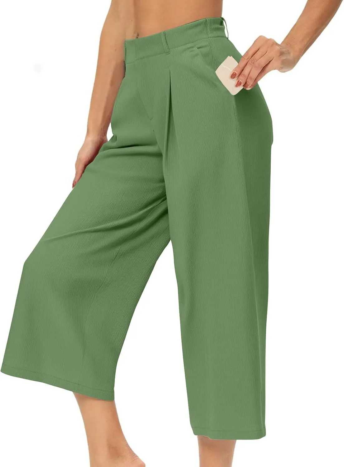 Summer Dressy Cropped Pants for Women High Waist Wide Leg Capris Loose Casual Work Pant Crop Trousers with Pocket