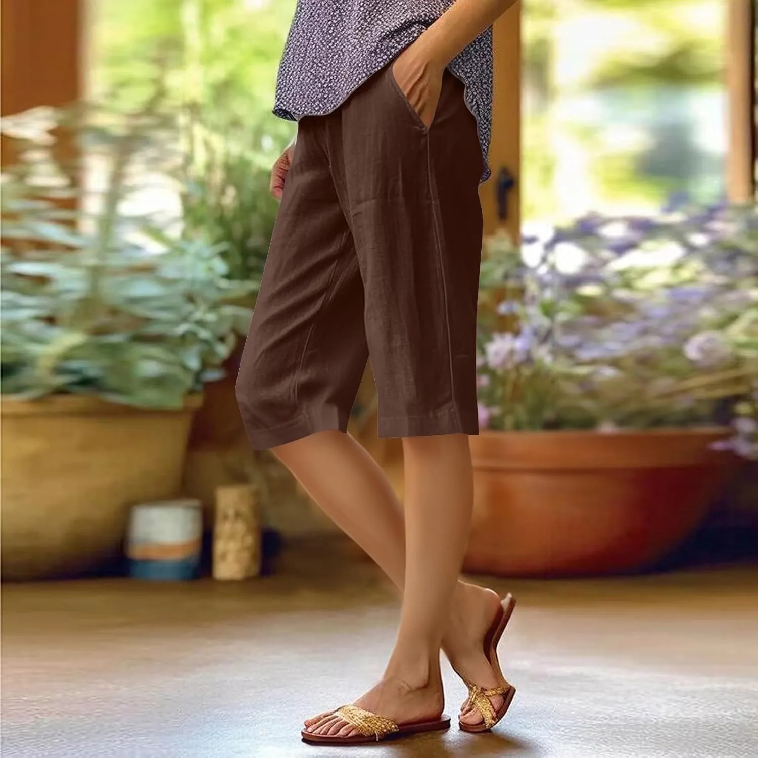 Summer Linen Pants for Women Waist Cotton Trouser Cropped Wide Leg Pants Cropped Linen Pants