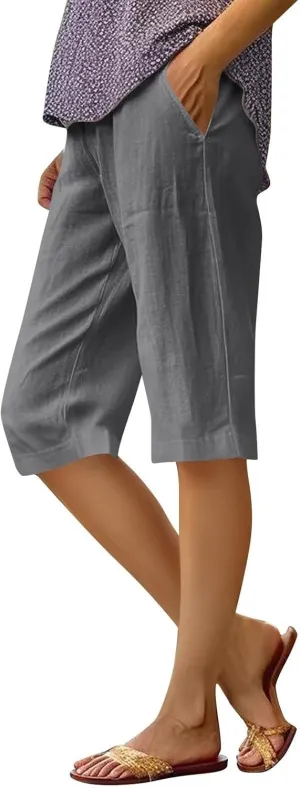 Summer Linen Pants for Women Waist Cotton Trouser Cropped Wide Leg Pants Cropped Linen Pants