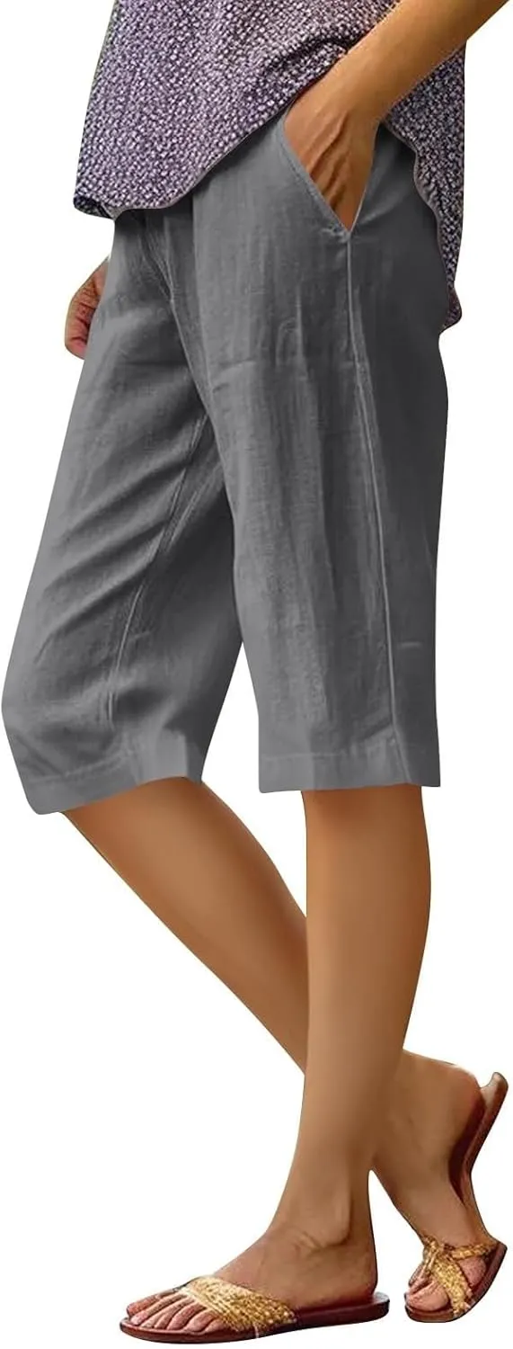Summer Linen Pants for Women Waist Cotton Trouser Cropped Wide Leg Pants Cropped Linen Pants