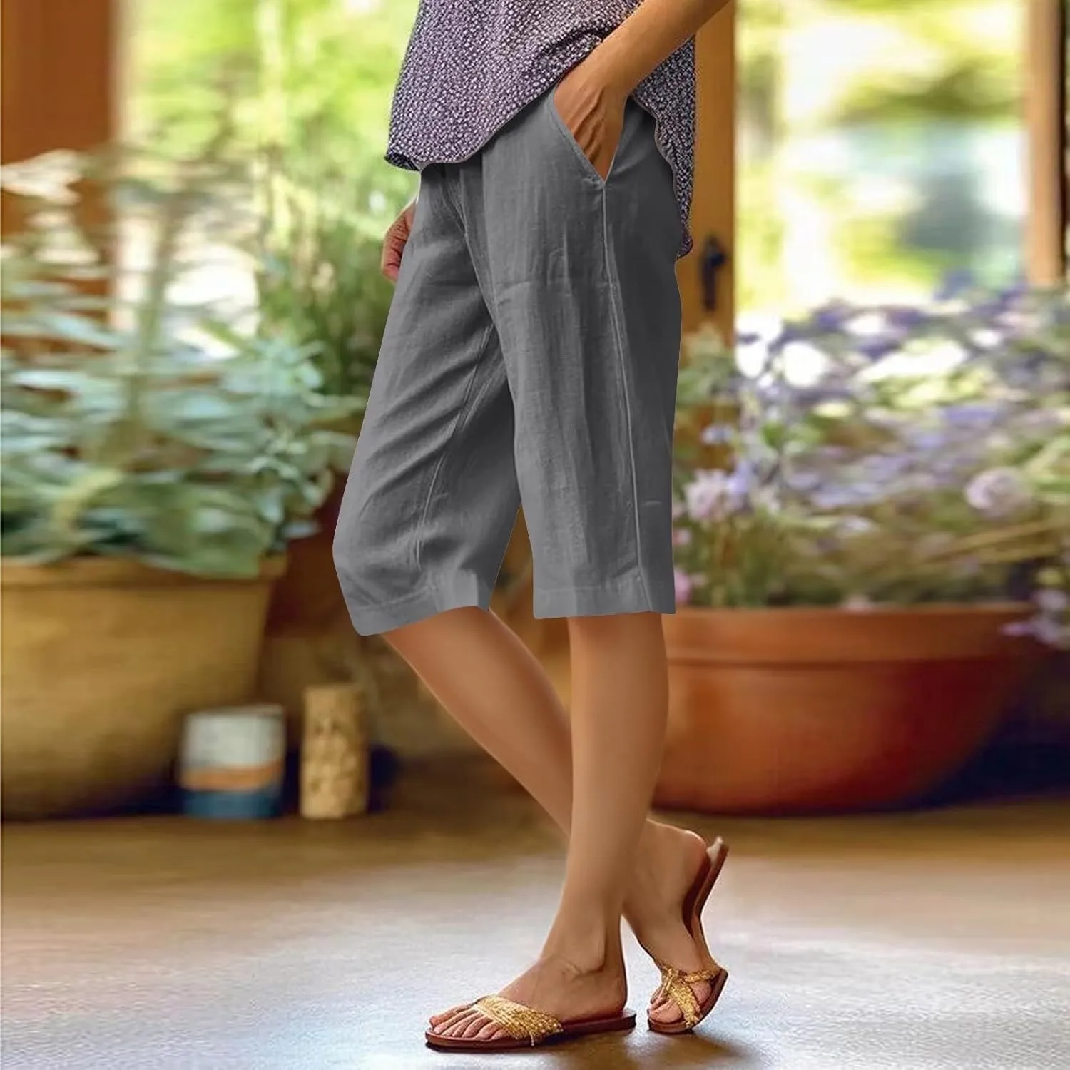 Summer Linen Pants for Women Waist Cotton Trouser Cropped Wide Leg Pants Cropped Linen Pants