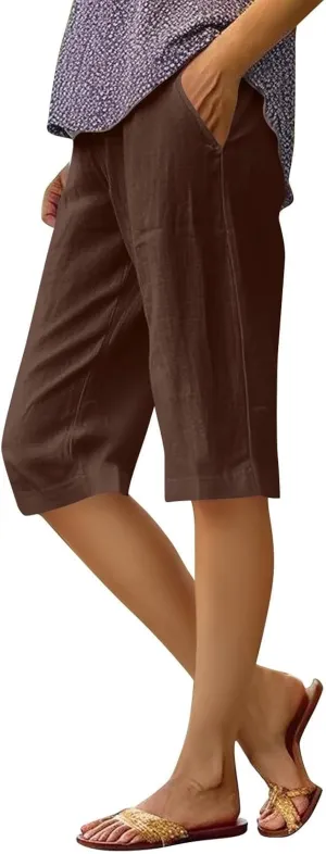 Summer Linen Pants for Women Waist Cotton Trouser Cropped Wide Leg Pants Cropped Linen Pants
