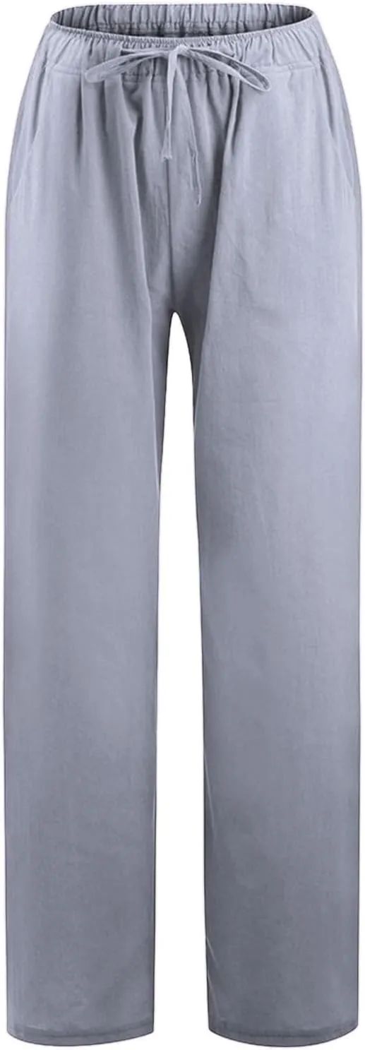 Summer Linen Pants Women Wide Leg Beach Pants Casual Drawstring High Waisted Work Pants with Pockets Flowy Palazzo Trousers