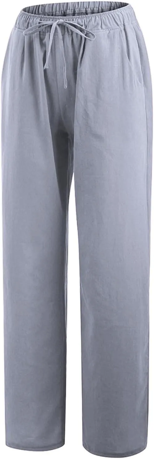 Summer Linen Pants Women Wide Leg Beach Pants Casual Drawstring High Waisted Work Pants with Pockets Flowy Palazzo Trousers