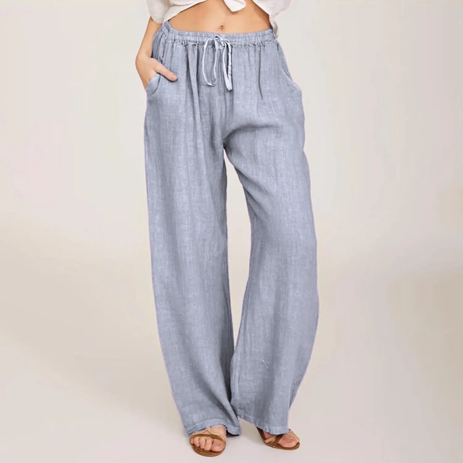 Summer Linen Pants Women Wide Leg Beach Pants Casual Drawstring High Waisted Work Pants with Pockets Flowy Palazzo Trousers