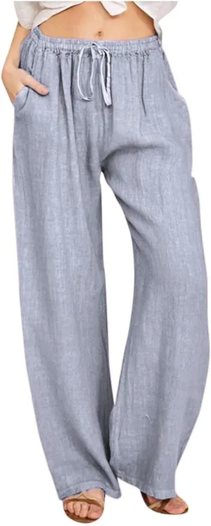 Summer Linen Pants Women Wide Leg Beach Pants Casual Drawstring High Waisted Work Pants with Pockets Flowy Palazzo Trousers