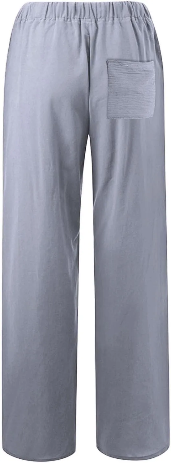 Summer Linen Pants Women Wide Leg Beach Pants Casual Drawstring High Waisted Work Pants with Pockets Flowy Palazzo Trousers