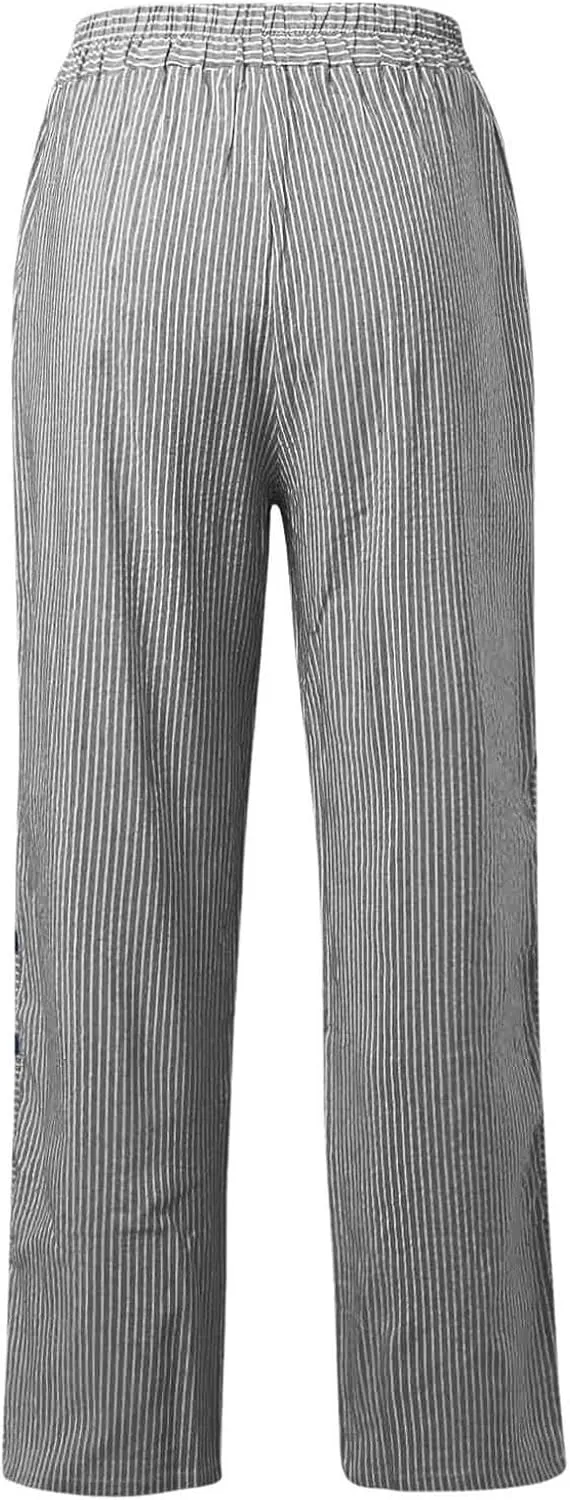 Summer Pants for Women Striped Printed Side Button Pants Baggy Elastic Waist Straight Leg Trousers with Pockets