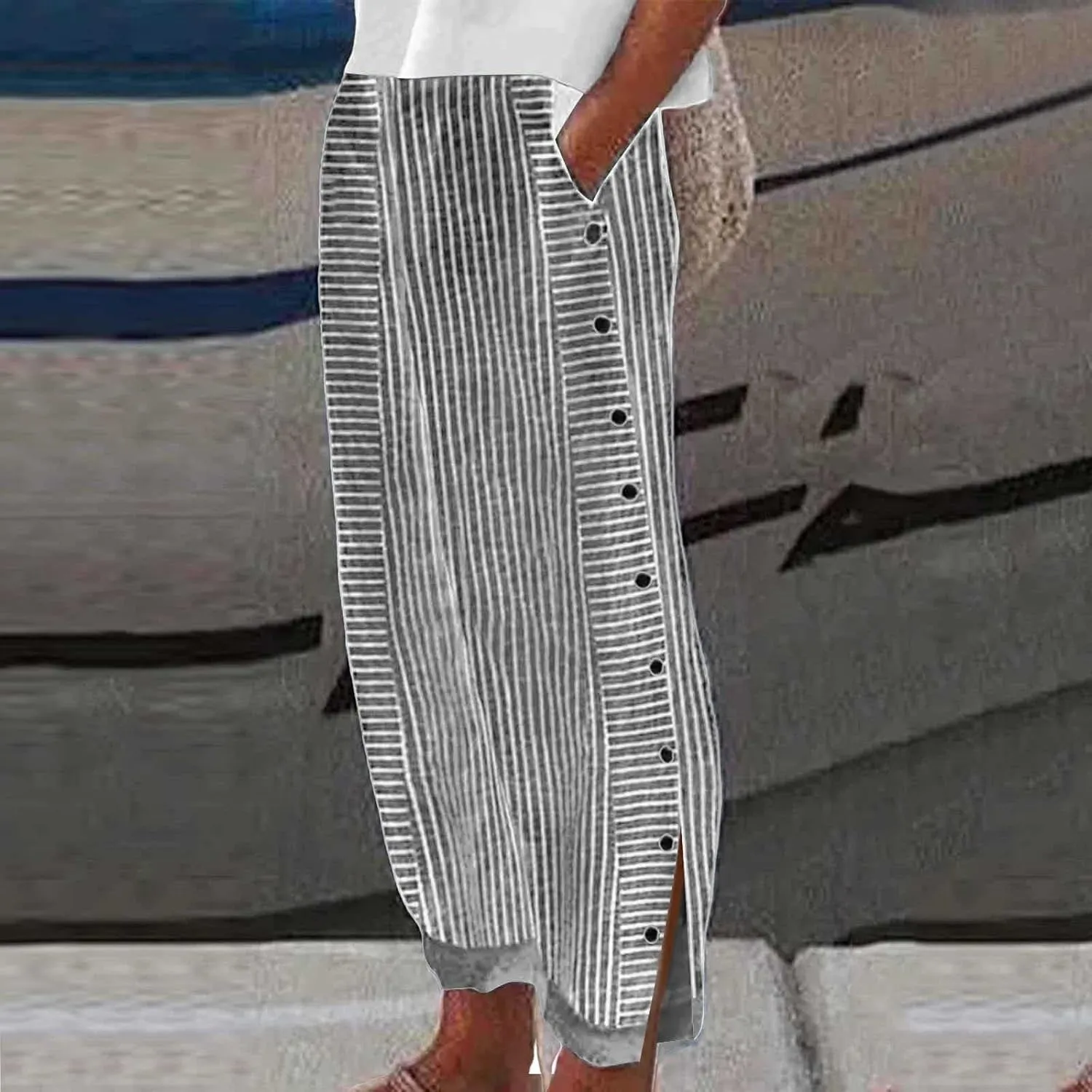 Summer Pants for Women Striped Printed Side Button Pants Baggy Elastic Waist Straight Leg Trousers with Pockets