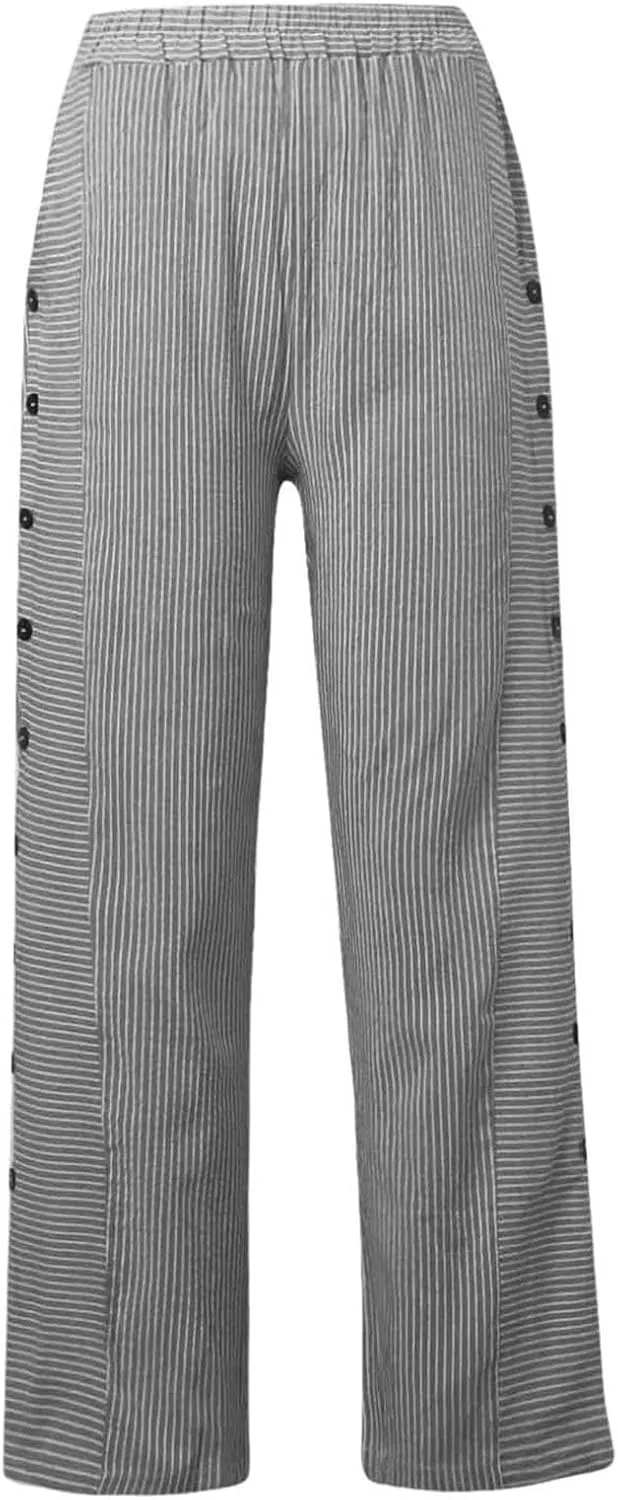 Summer Pants for Women Striped Printed Side Button Pants Baggy Elastic Waist Straight Leg Trousers with Pockets