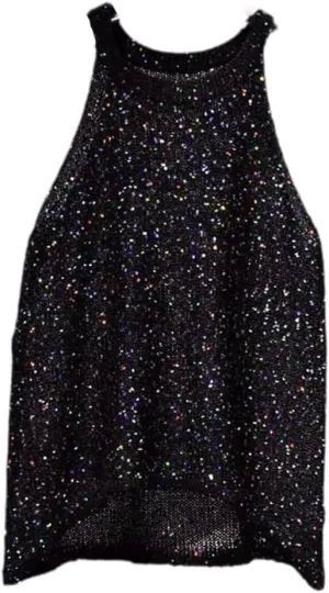 Summer Sleeveless O-Neck Sequin Vest Top for Women Polyester Knit Camisole