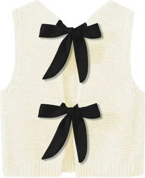 Sweater Vest for Women Summer Tops Bow Tie Back Knitted Tank Tops Casual Crop Cardigan Vest