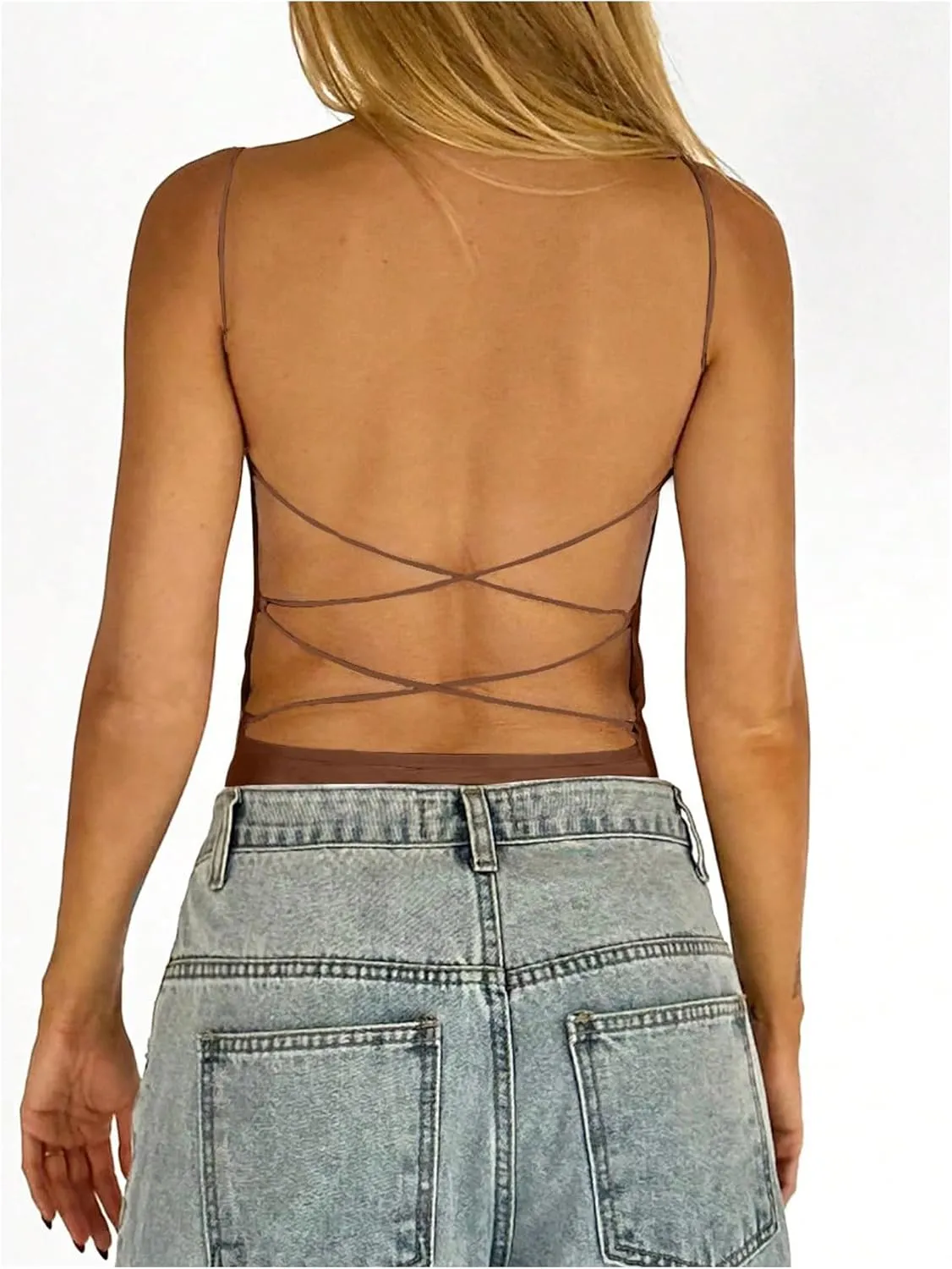 SweatyRocks Women's Backless Camisole Tops Criss Cross Fitted Spaghetti Strap Tank Top