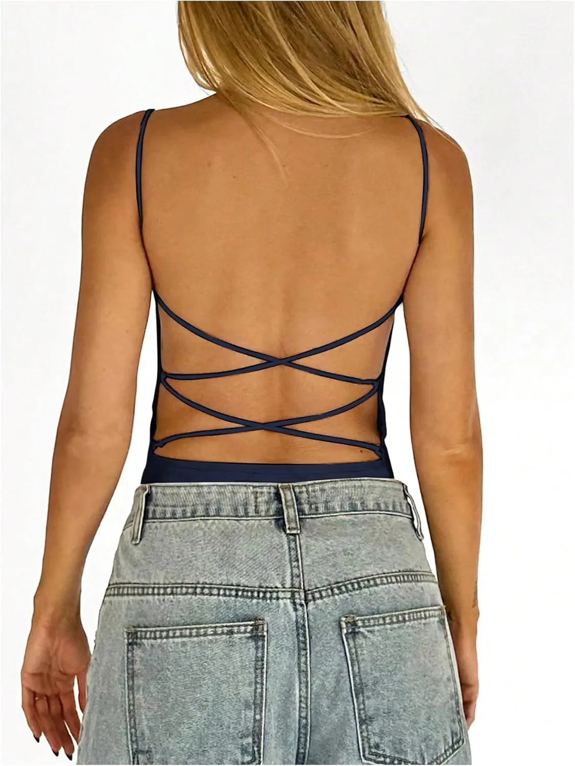 SweatyRocks Women's Backless Camisole Tops Criss Cross Fitted Spaghetti Strap Tank Top