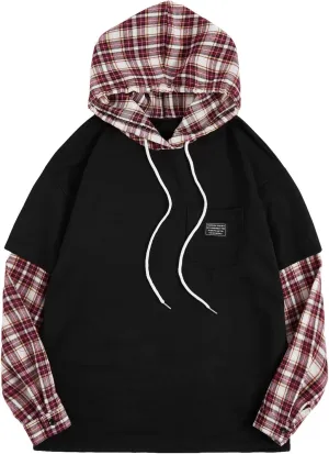 SweatyRocks Women's Casual Plaid Long Sleeve Hooded Sweatshirt Drop Shoulder Drawstring Hoodie with Pocket