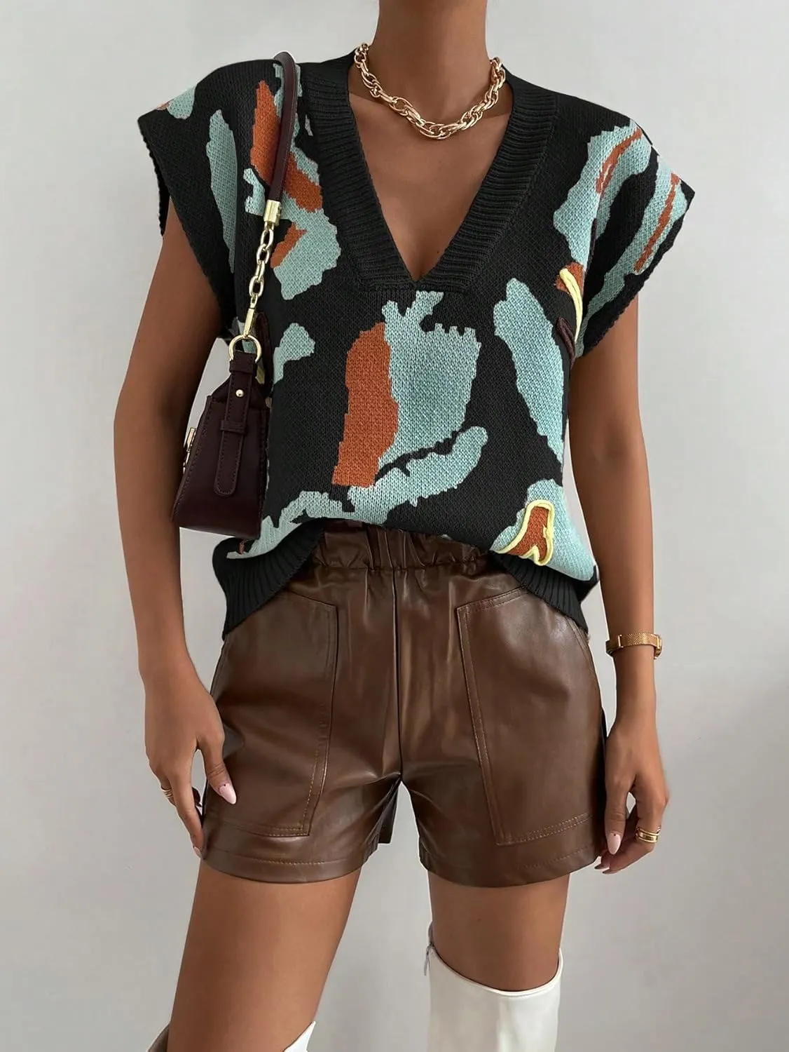 SweatyRocks Women's Colorblock Graphic Cap Sleeve V Neck Sweater Vest Casual Loose Fit Pullover Sweater Top