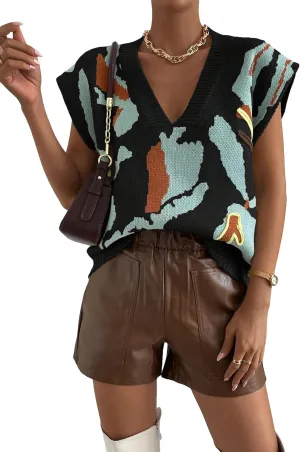 SweatyRocks Women's Colorblock Graphic Cap Sleeve V Neck Sweater Vest Casual Loose Fit Pullover Sweater Top