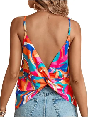 SweatyRocks Women's Colorful Printed Twist Backless Spaghetti Strap Boho Camisole Tank Top