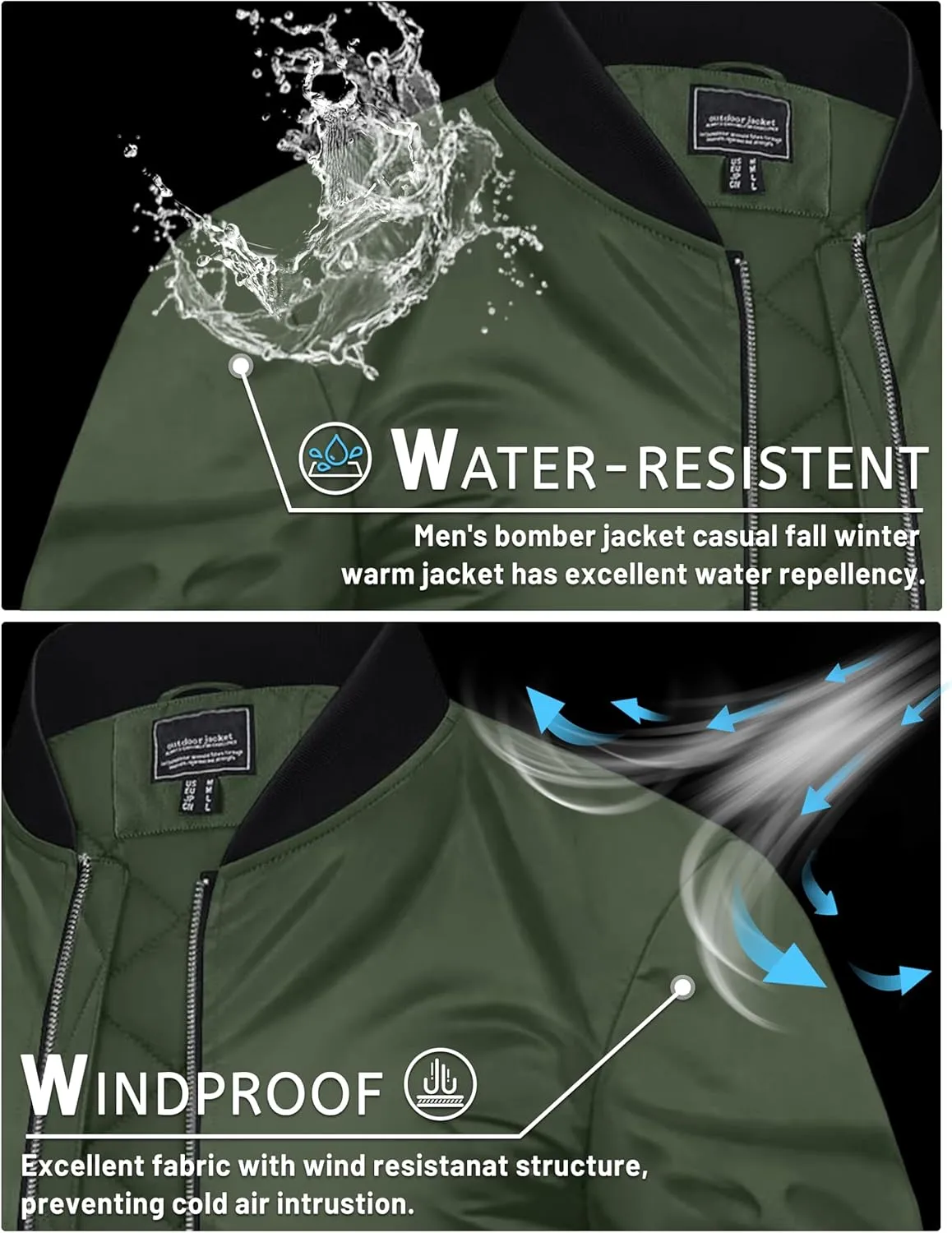 TACVASEN Mens Bomber Jackets Casual Fall Winter Warm Windbreaker Full Zip Windproof Outwear Padded Lined Coats