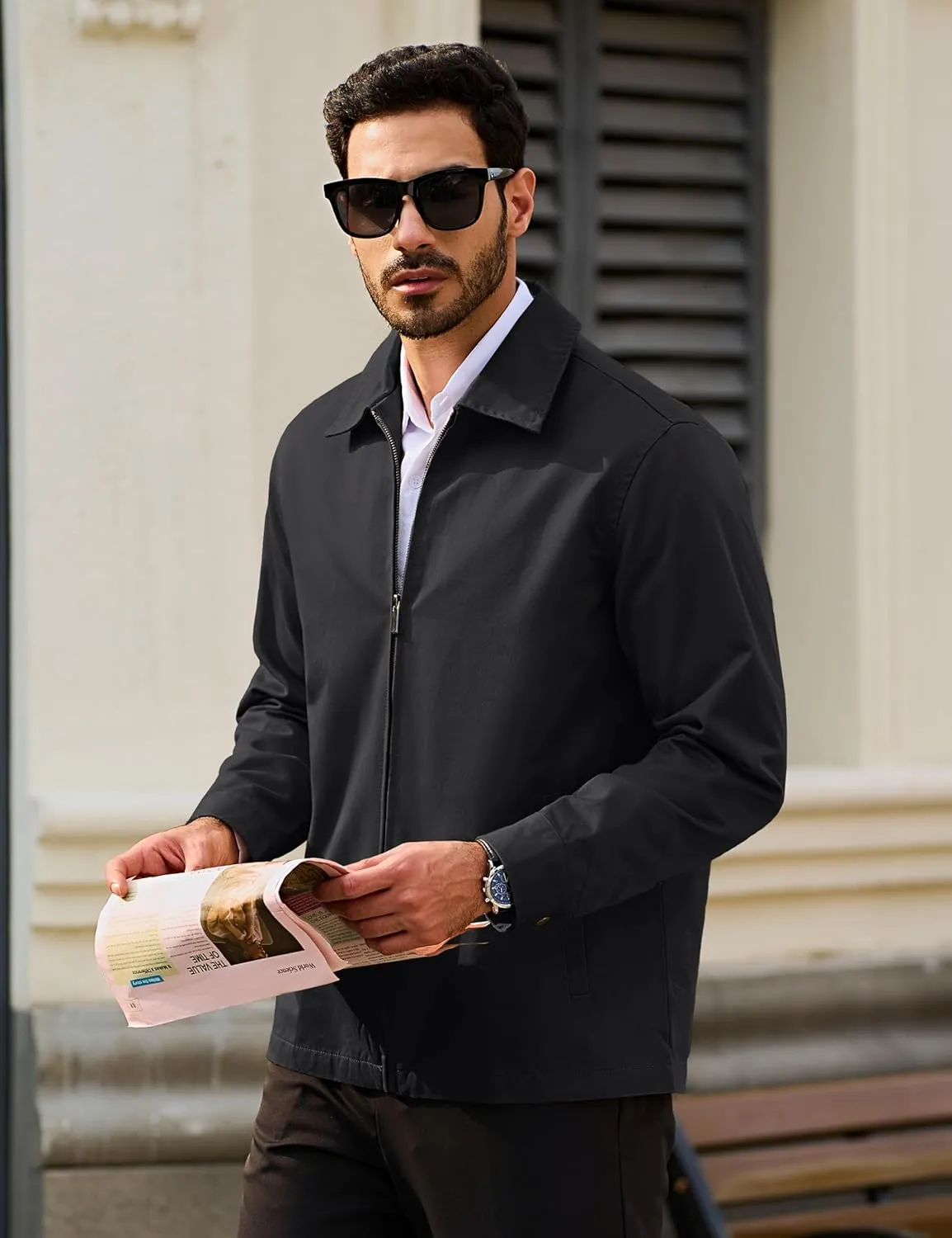 TACVASEN Men's Cotton Jacket Full Zip Up Lightweight Jackets Turndown Collar Business Casual Windbreaker with 3 Pockets