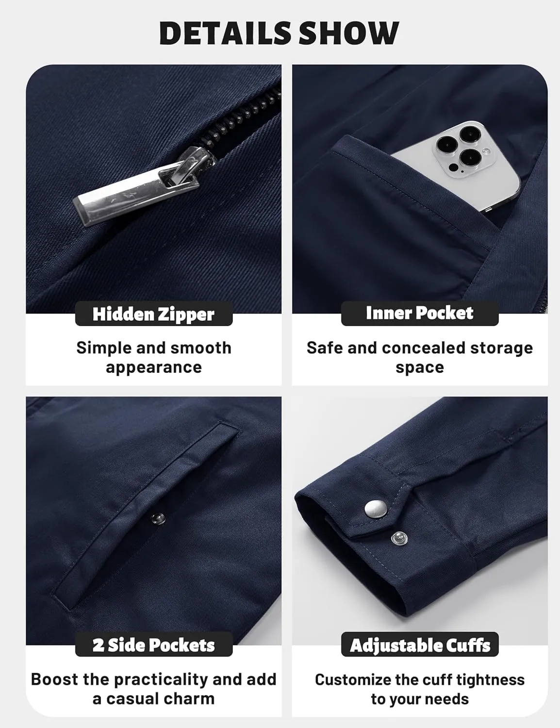 TACVASEN Men's Cotton Jacket Full Zip Up Lightweight Jackets Turndown Collar Business Casual Windbreaker with 3 Pockets