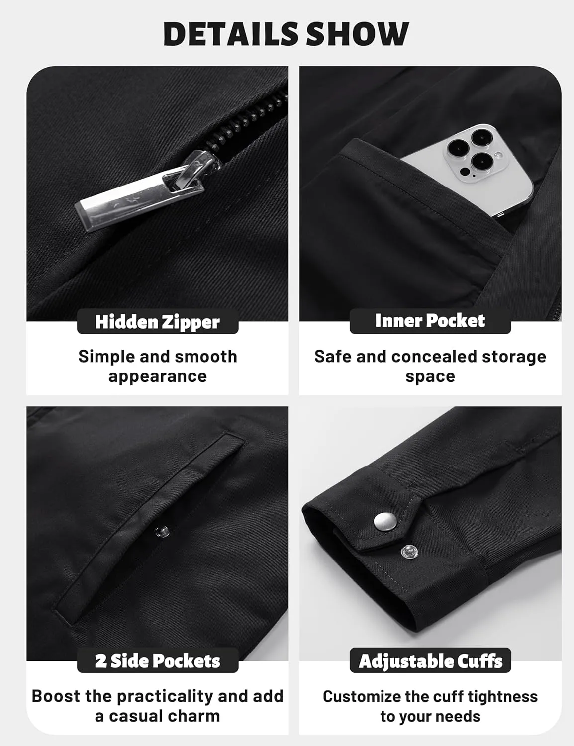 TACVASEN Men's Cotton Jacket Full Zip Up Lightweight Jackets Turndown Collar Business Casual Windbreaker with 3 Pockets
