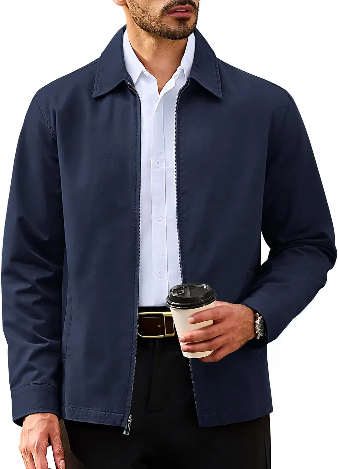 TACVASEN Men's Cotton Jacket Full Zip Up Lightweight Jackets Turndown Collar Business Casual Windbreaker with 3 Pockets