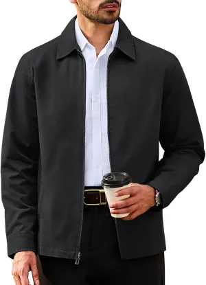 TACVASEN Men's Cotton Jacket Full Zip Up Lightweight Jackets Turndown Collar Business Casual Windbreaker with 3 Pockets