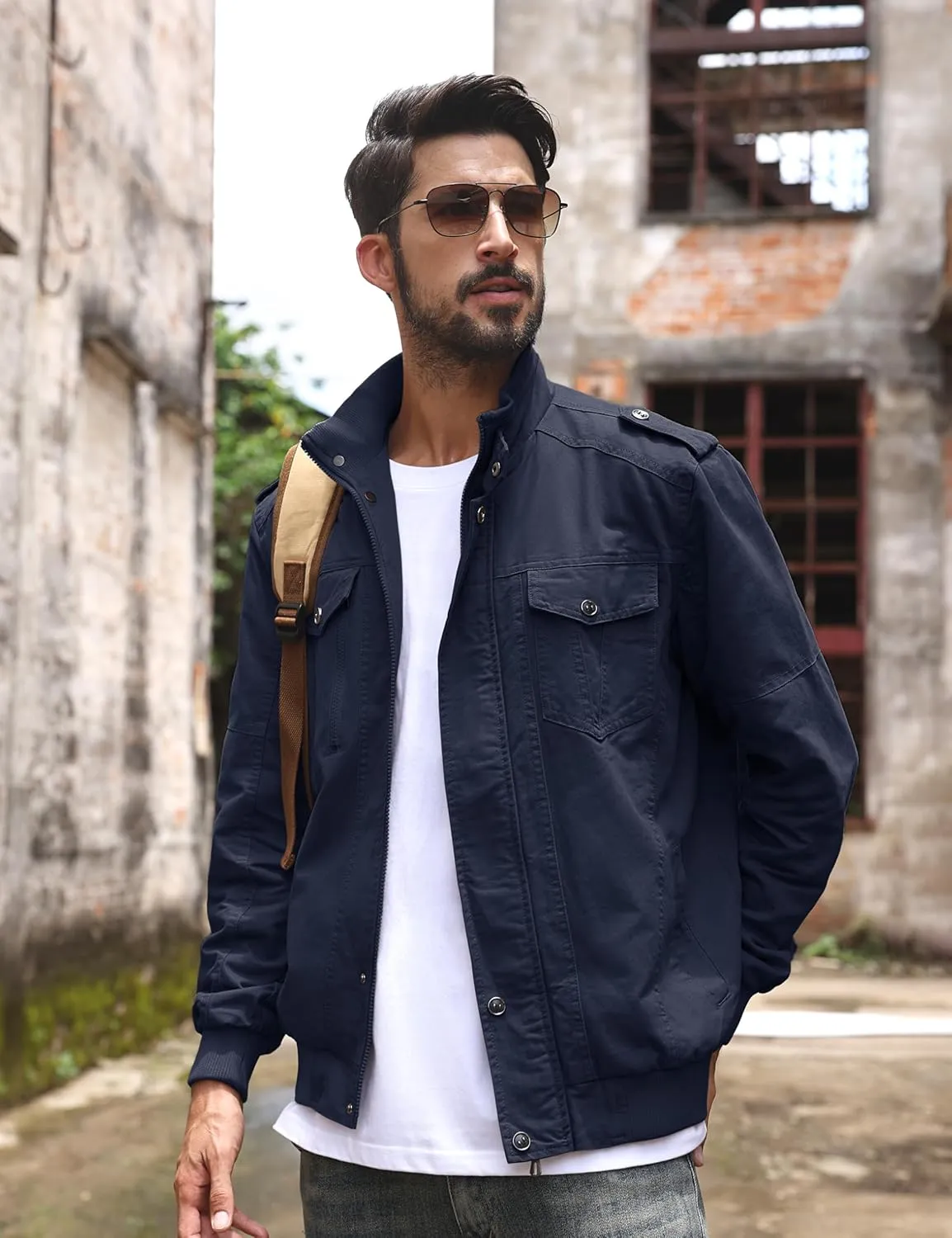 TACVASEN Men's Military Lightweight Jacket Army Cargo Windbreaker Zip Front Stand Collar Cotton Jackets with Multi Pockets