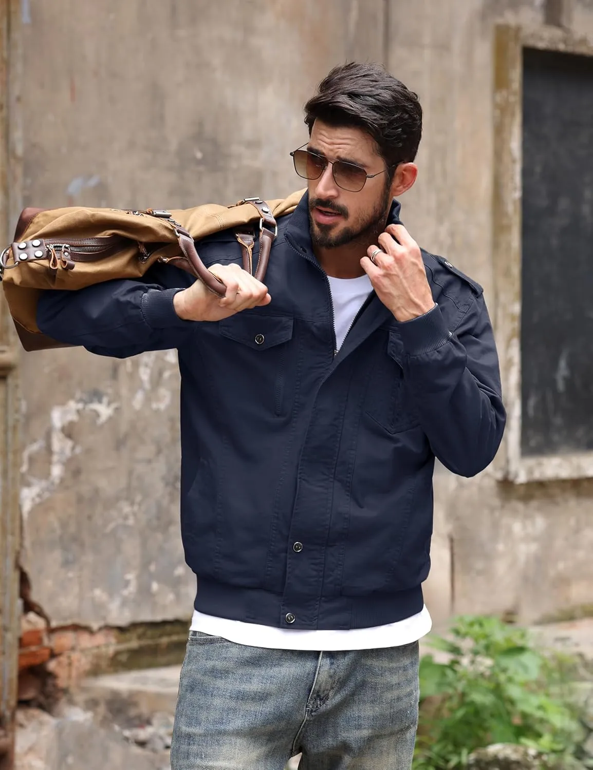 TACVASEN Men's Military Lightweight Jacket Army Cargo Windbreaker Zip Front Stand Collar Cotton Jackets with Multi Pockets