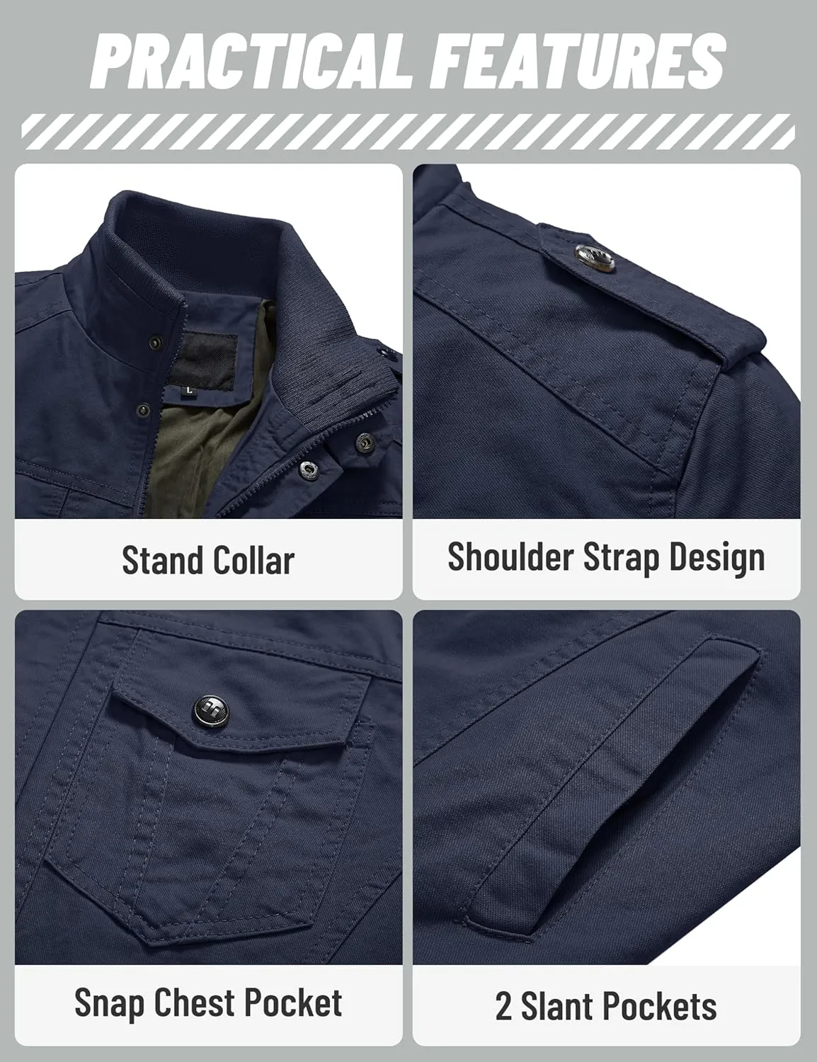 TACVASEN Men's Military Lightweight Jacket Army Cargo Windbreaker Zip Front Stand Collar Cotton Jackets with Multi Pockets
