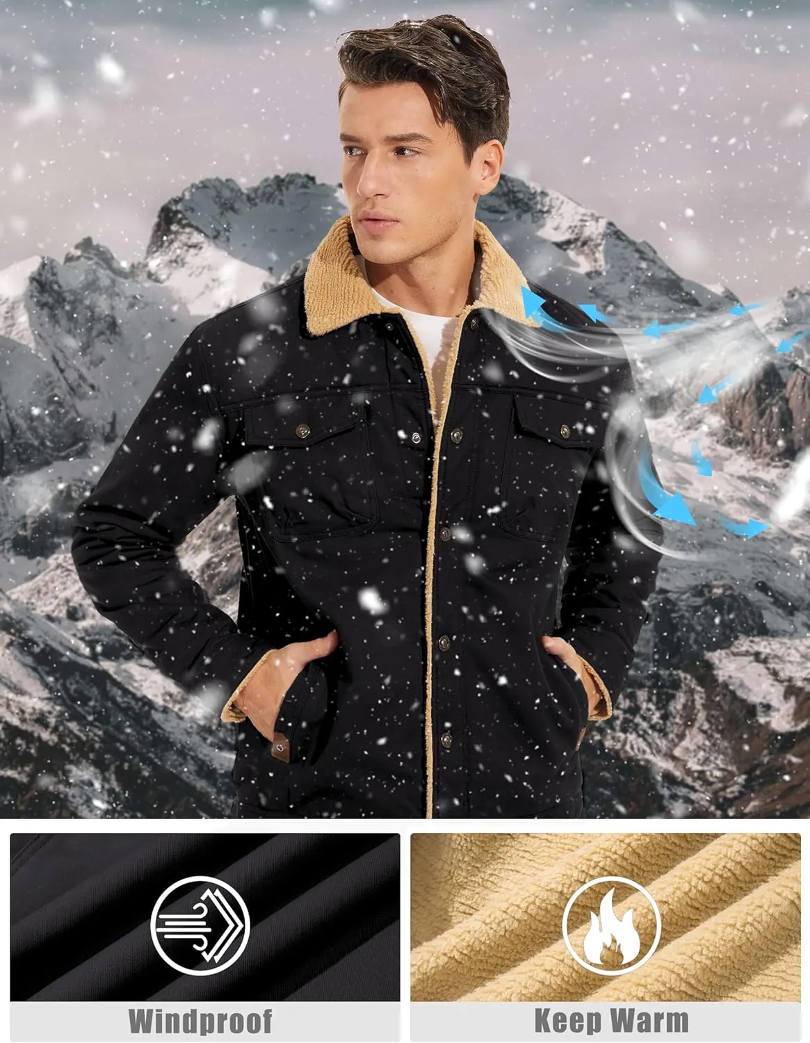 TACVASEN Men's Winter Jacket Sherpa Fleece Lined Cargo Coat Warm Thick Trucker Jacket with Multi Pockets