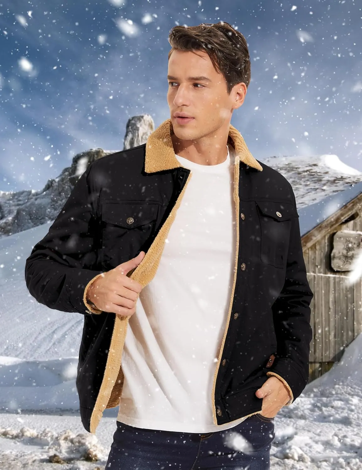 TACVASEN Men's Winter Jacket Sherpa Fleece Lined Cargo Coat Warm Thick Trucker Jacket with Multi Pockets