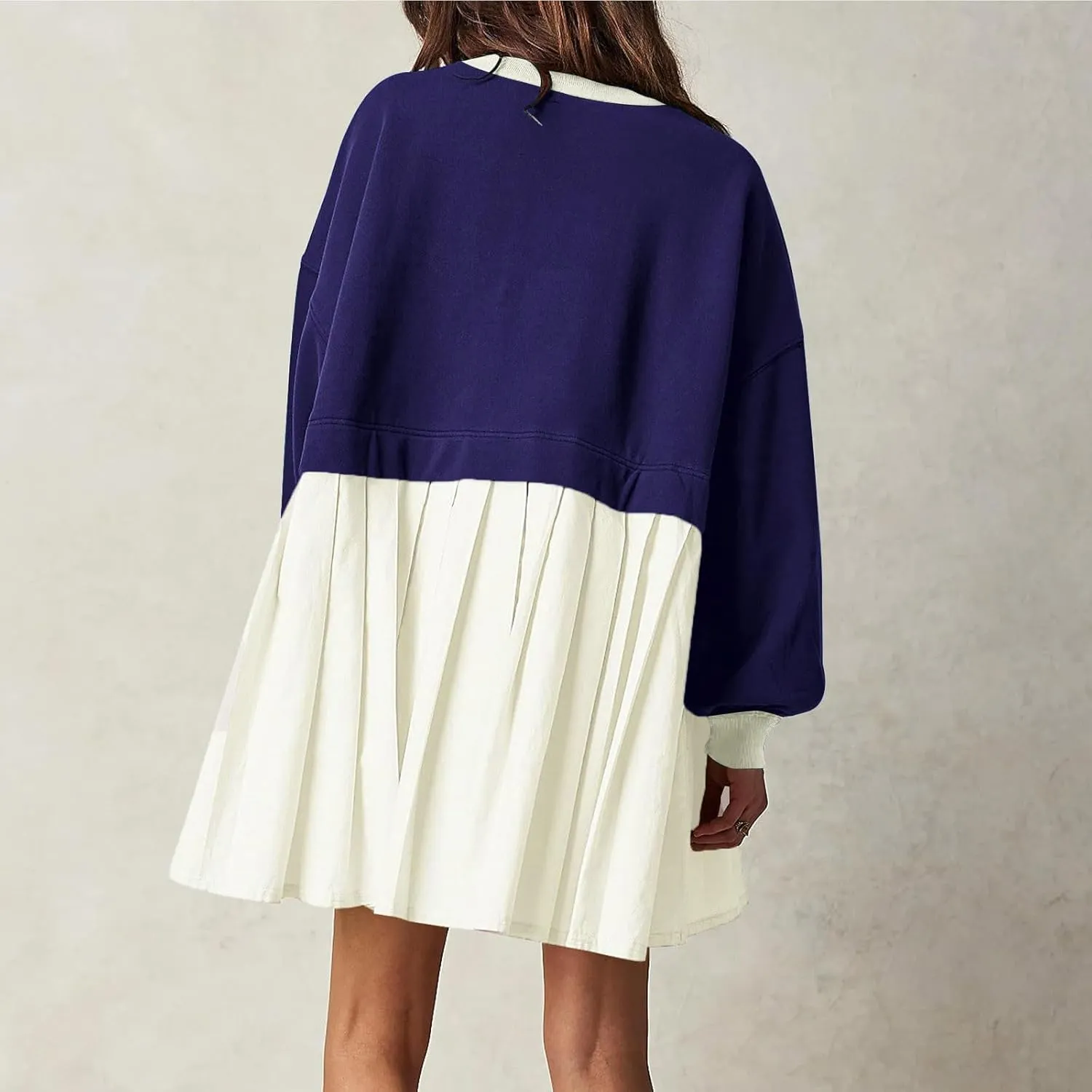 TANGNADE Women Oversized Sweatshirt Dress Long Sleeve Crewneck Patchwork Pleated Pullover Mini Dresses Fall Outfits 2024
