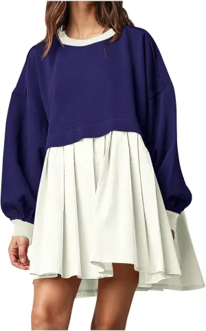 TANGNADE Women Oversized Sweatshirt Dress Long Sleeve Crewneck Patchwork Pleated Pullover Mini Dresses Fall Outfits 2024