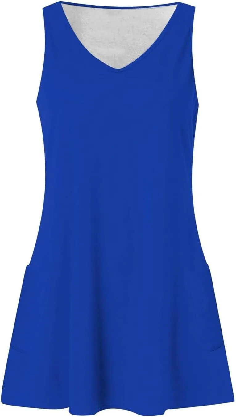 Tank Dresses with Pockets for Women Beach Boho V Neck Sleeveless Tshirt Dress Casual Loose Flowy Solid Travel Sundress